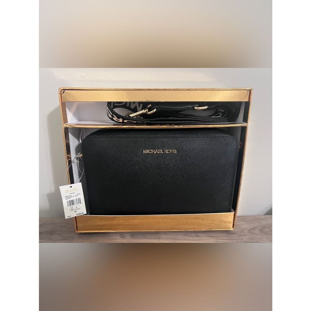 MICHAEL KORS Jet Set Large EW Xbody W/ WBG Leather Black NWT $ 198